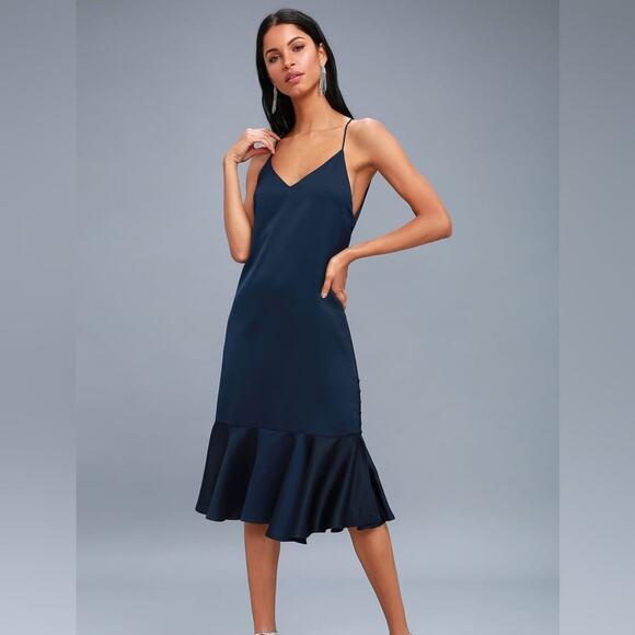 Lulus Alston Navy Blue Satin Midi Dress Size S - Picture 3 of 12